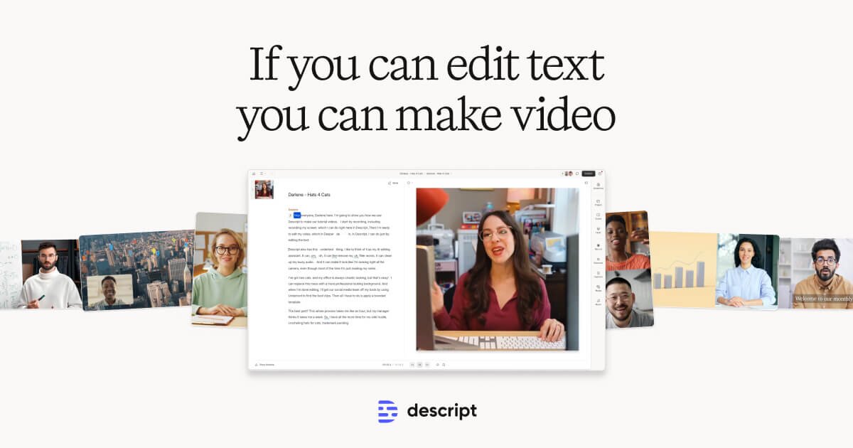 Descript editor screenshot showing text-based video editing beside a video preview