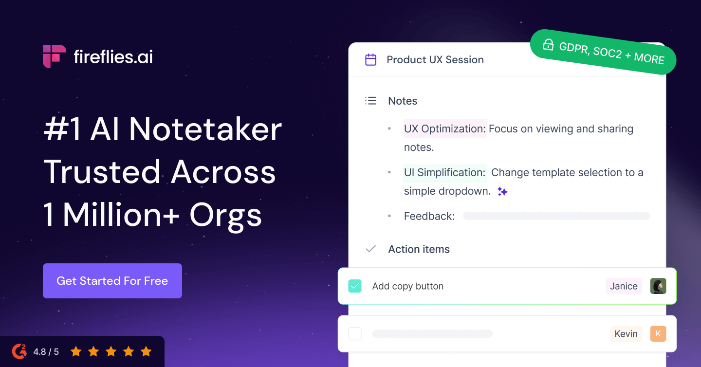 Fireflies.ai product UI mockup with meeting notes, action items, and security badges