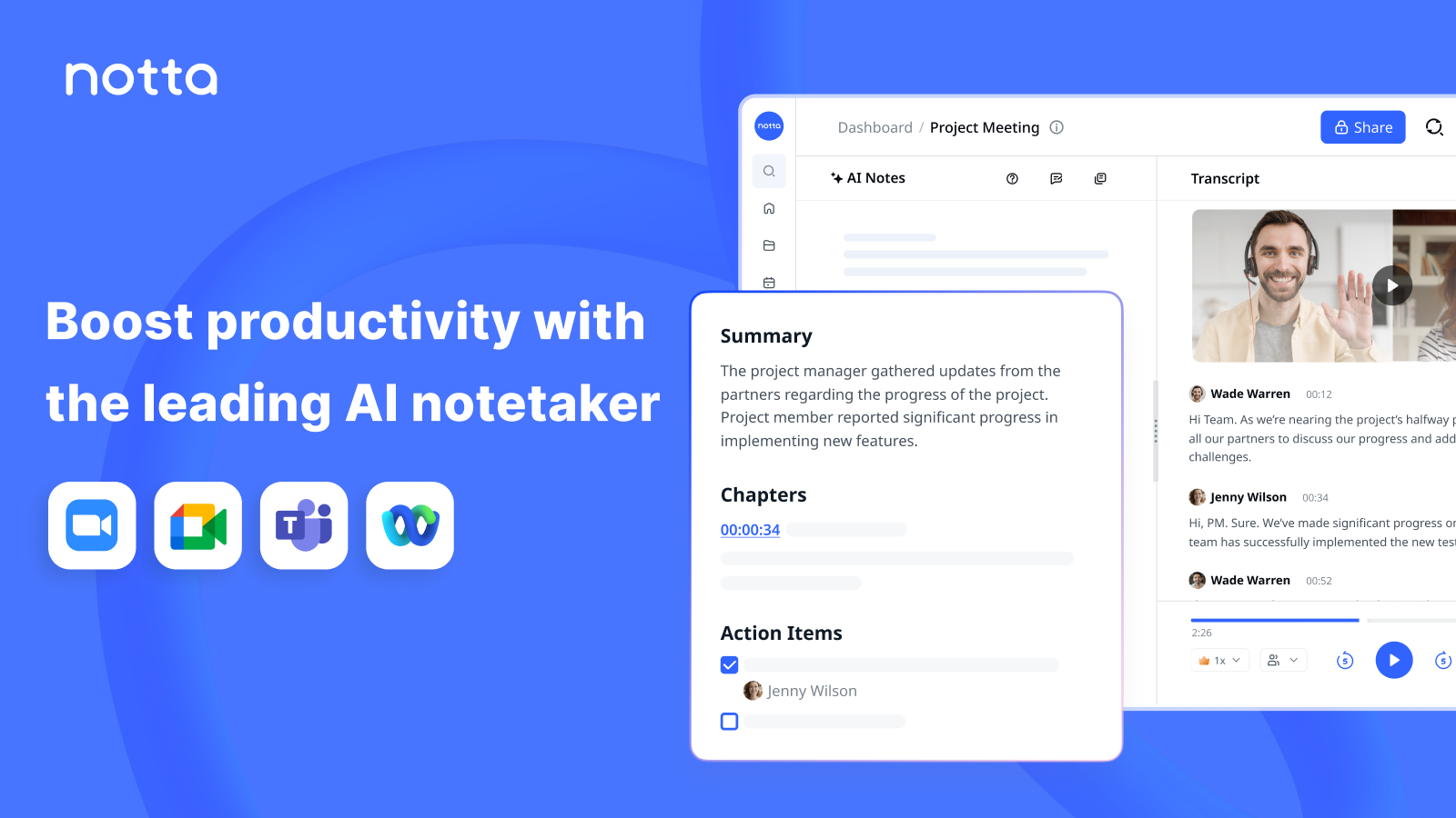 Notta product UI showing AI notes, transcript, summary, and action items for a project meeting