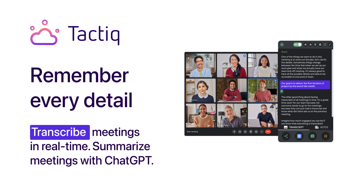 Tactiq Chrome extension sidebar showing live meeting transcript next to a video call