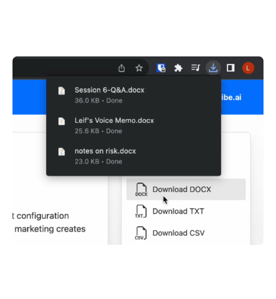 TurboScribe product UI showing an uploaded audio file being transcribed with speaker labels and timestamps