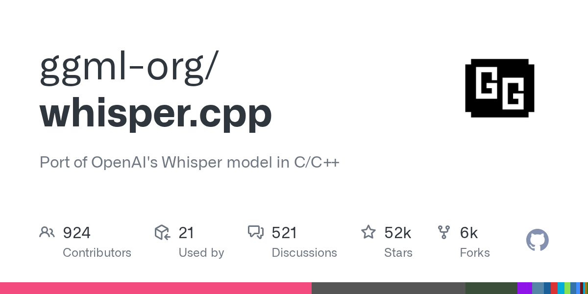 whisper.cpp GitHub project card for the lightweight local Whisper C++ implementation