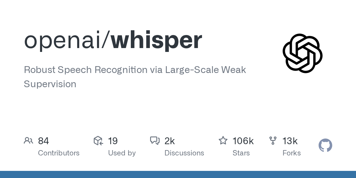 OpenAI Whisper GitHub project card for the open-source local speech recognition model