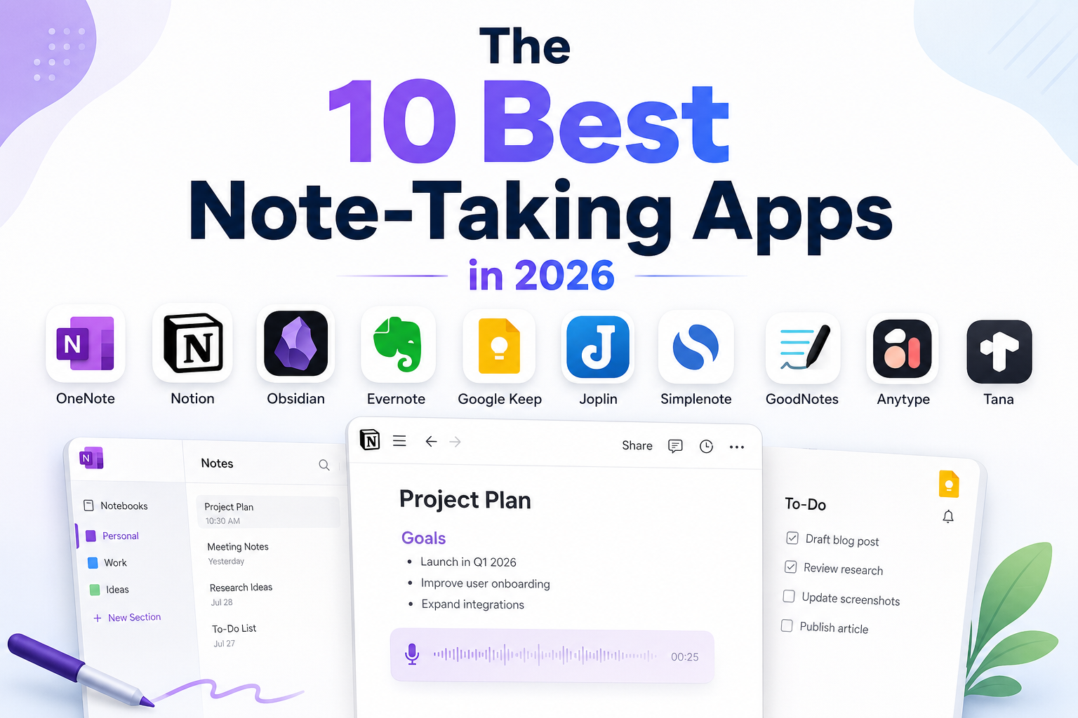 Three note-taking app windows: a notes list, an open editor with a microphone, and a synced checklist