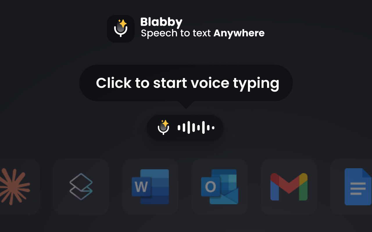 BlabbyAI Windows app interface showing toolbar, language picker, and voice typing in action