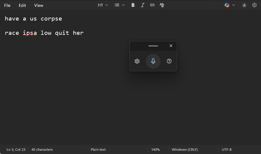 Windows 11 voice typing toolbar in action