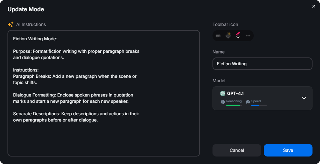 BlabbyAI Custom Mode Editor for Writers
