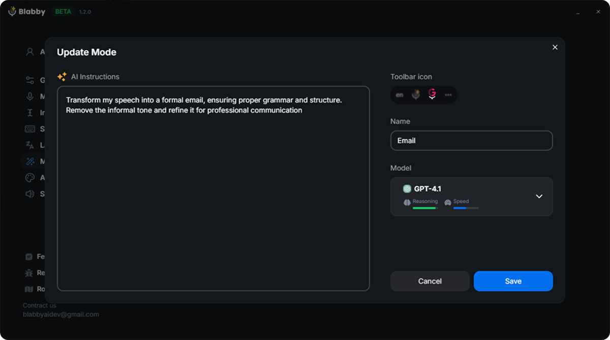 BlabbyAI Custom Mode Editor showing Email mode creation