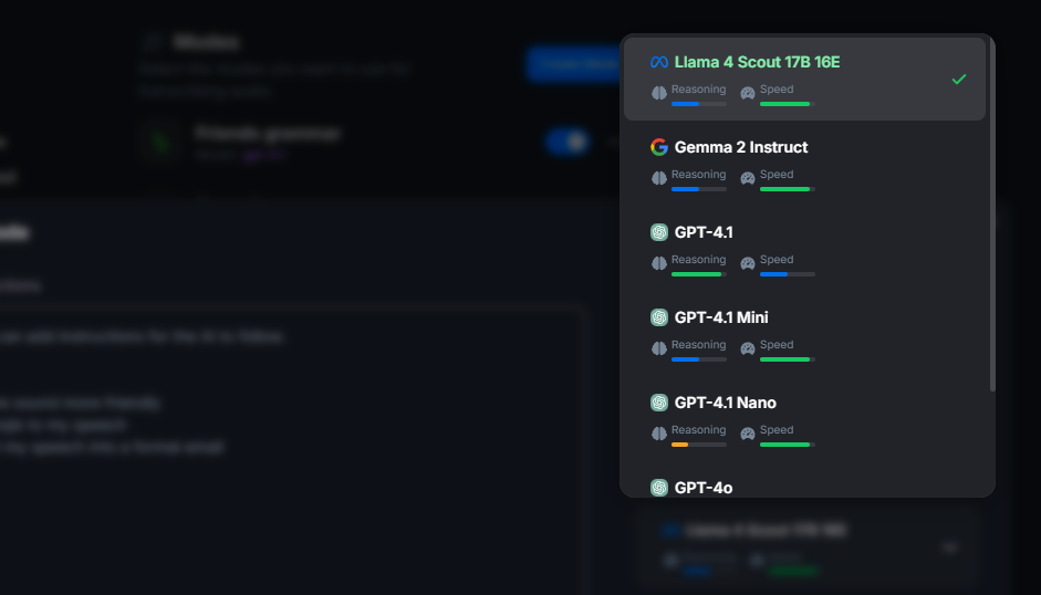 AI model picker dropdown showing OpenAI, Google AI, and Meta AI options
