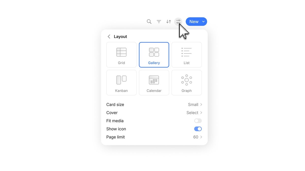 Anytype layout picker showing grid, gallery, list, kanban, calendar, and graph views for a collection