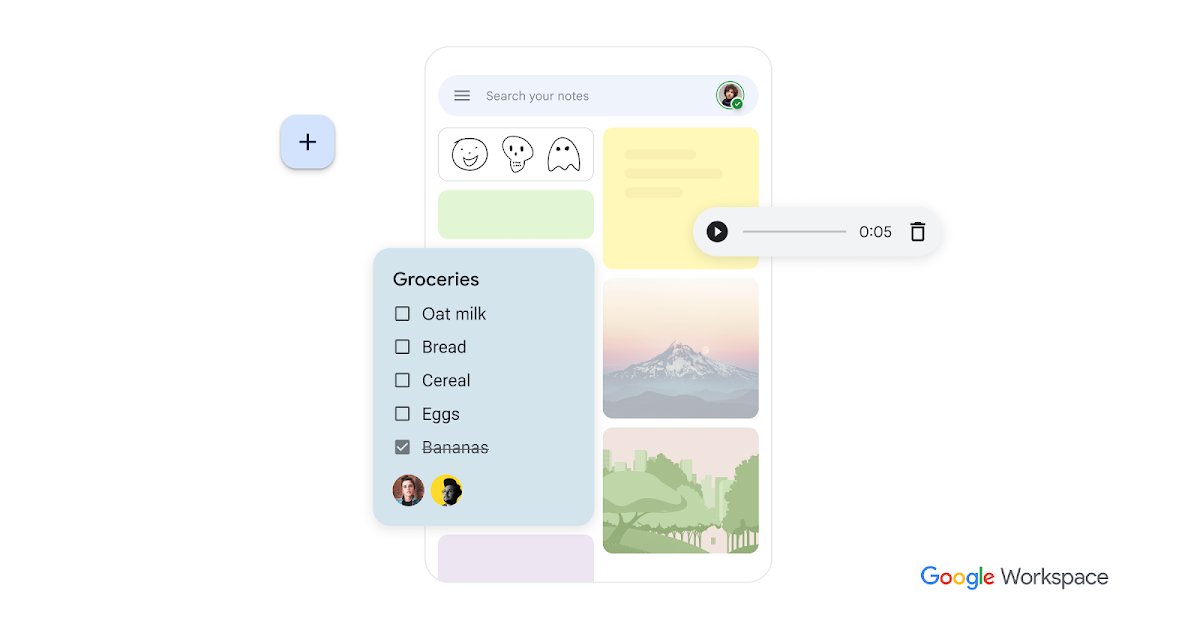 Google Keep board with a shared groceries checklist, a voice memo, and color-coded sticky notes