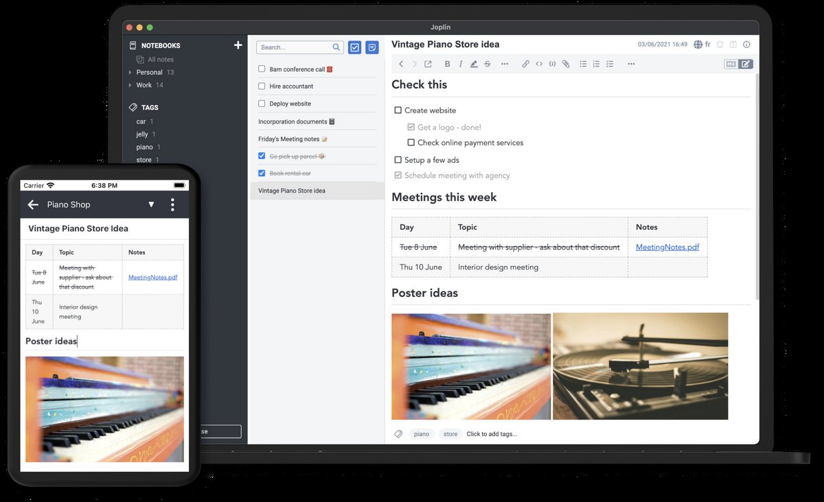 Joplin desktop and mobile apps showing notebooks, a to-do list, and a Markdown note with tables and images