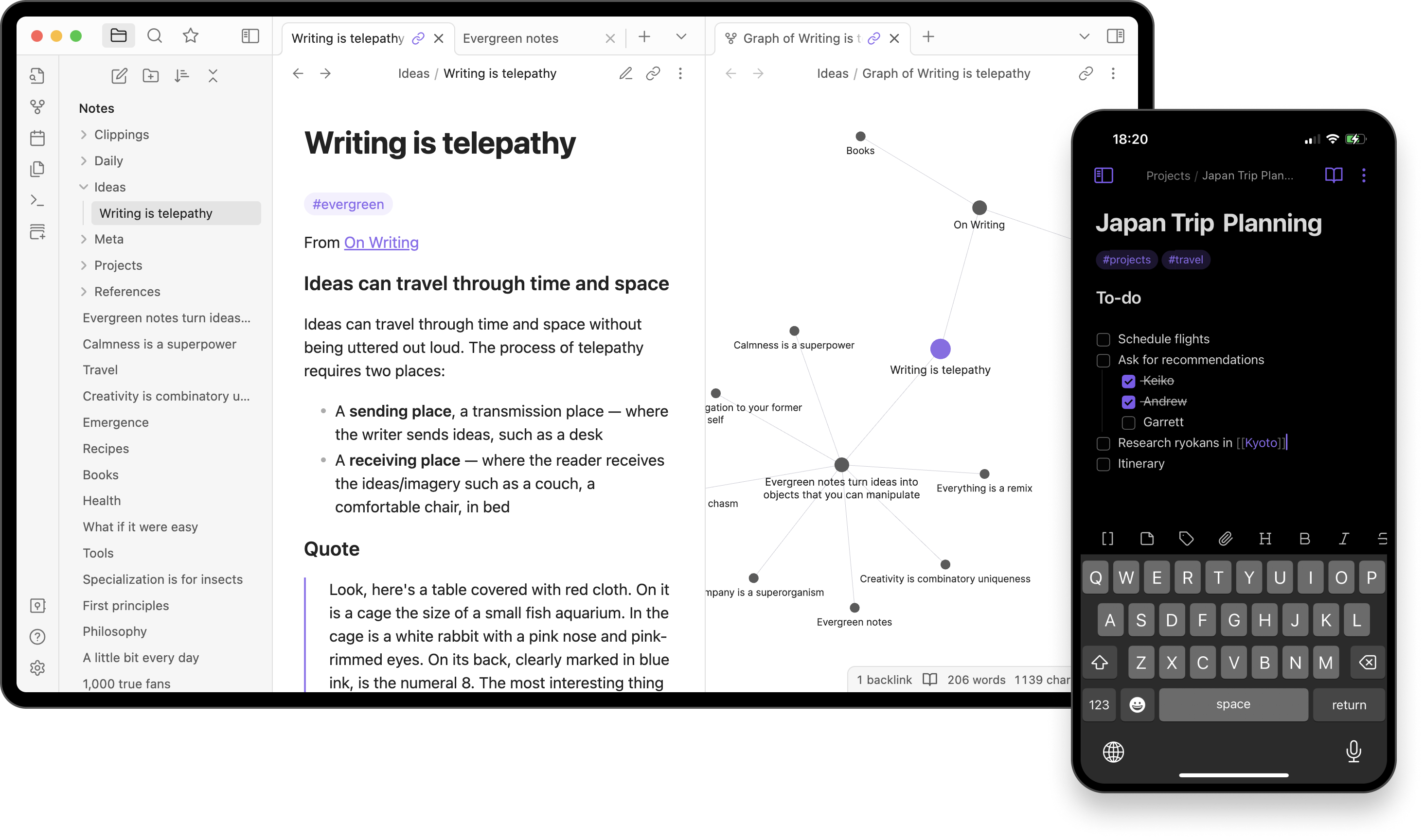 Obsidian showing a Markdown note with backlinks and the local graph view