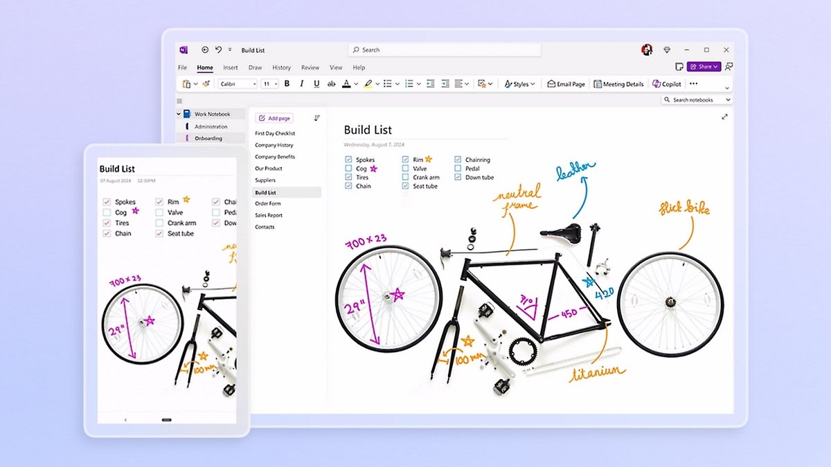 Microsoft OneNote on a Windows laptop and tablet showing a Build List page with a checklist and an annotated bicycle diagram