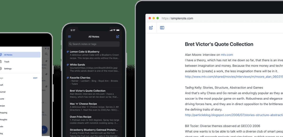 Simplenote on desktop, tablet, and phone showing a plain-text note list and editor