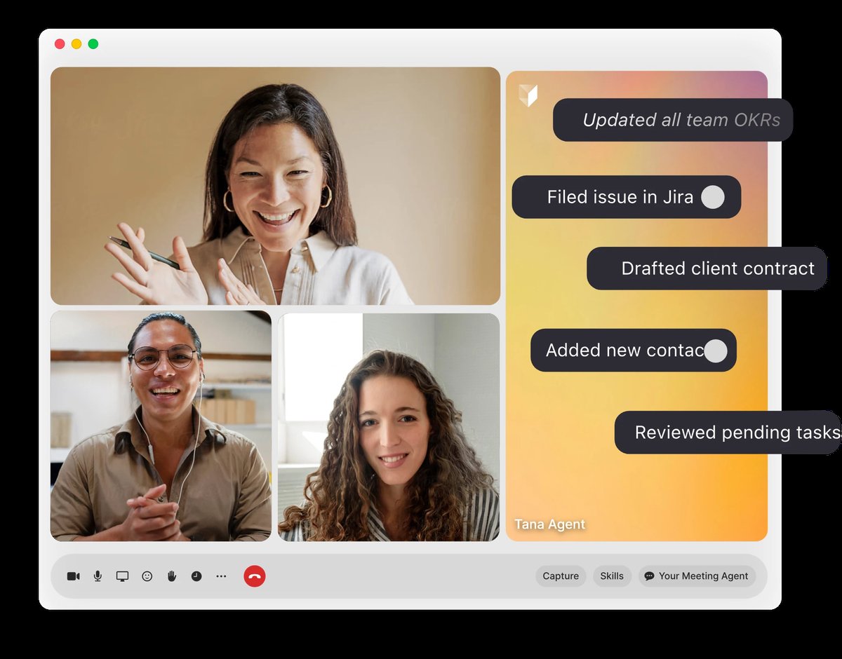 Tana meeting agent in a video call filing issues, drafting a contract, and updating tasks from the conversation